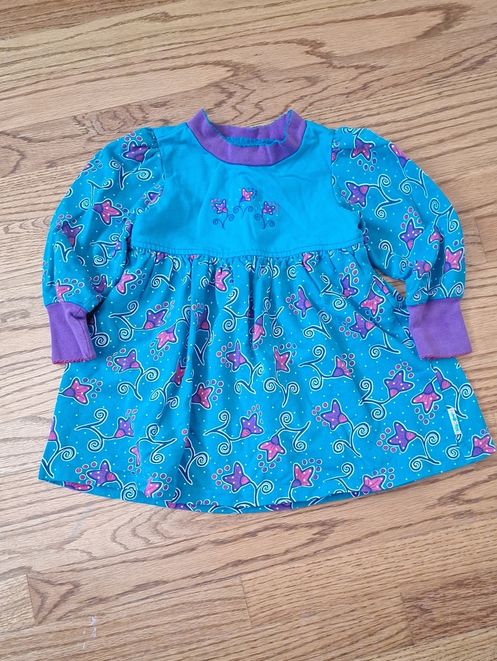 Vintage Gymboree Rainbow Tag Turquoise & Purple Floral Long Sleeve Dress S
